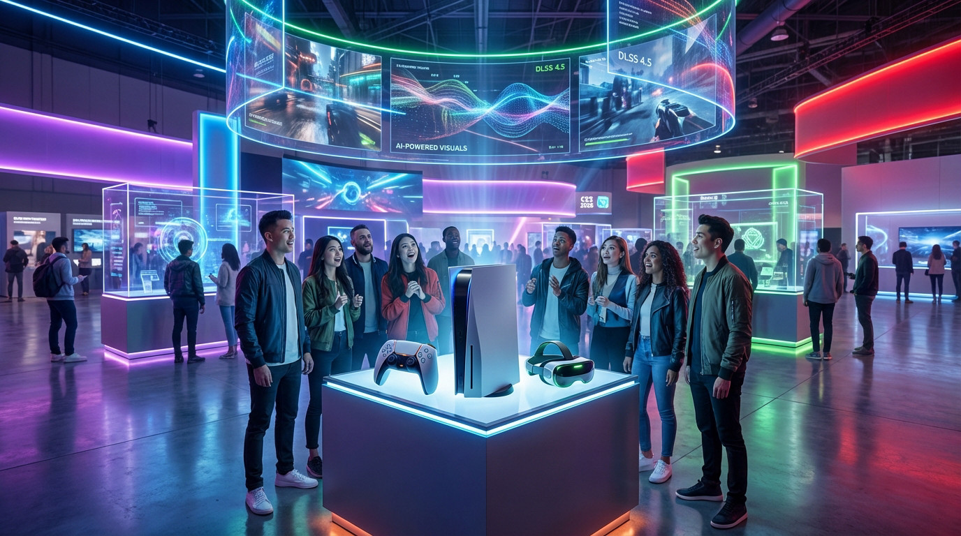 Wide-angle view of a futuristic tech convention. Diverse people gaze at next-gen gaming hardware on an illuminated pedestal, surrounded by neon-lit screens displaying game graphics and data.
