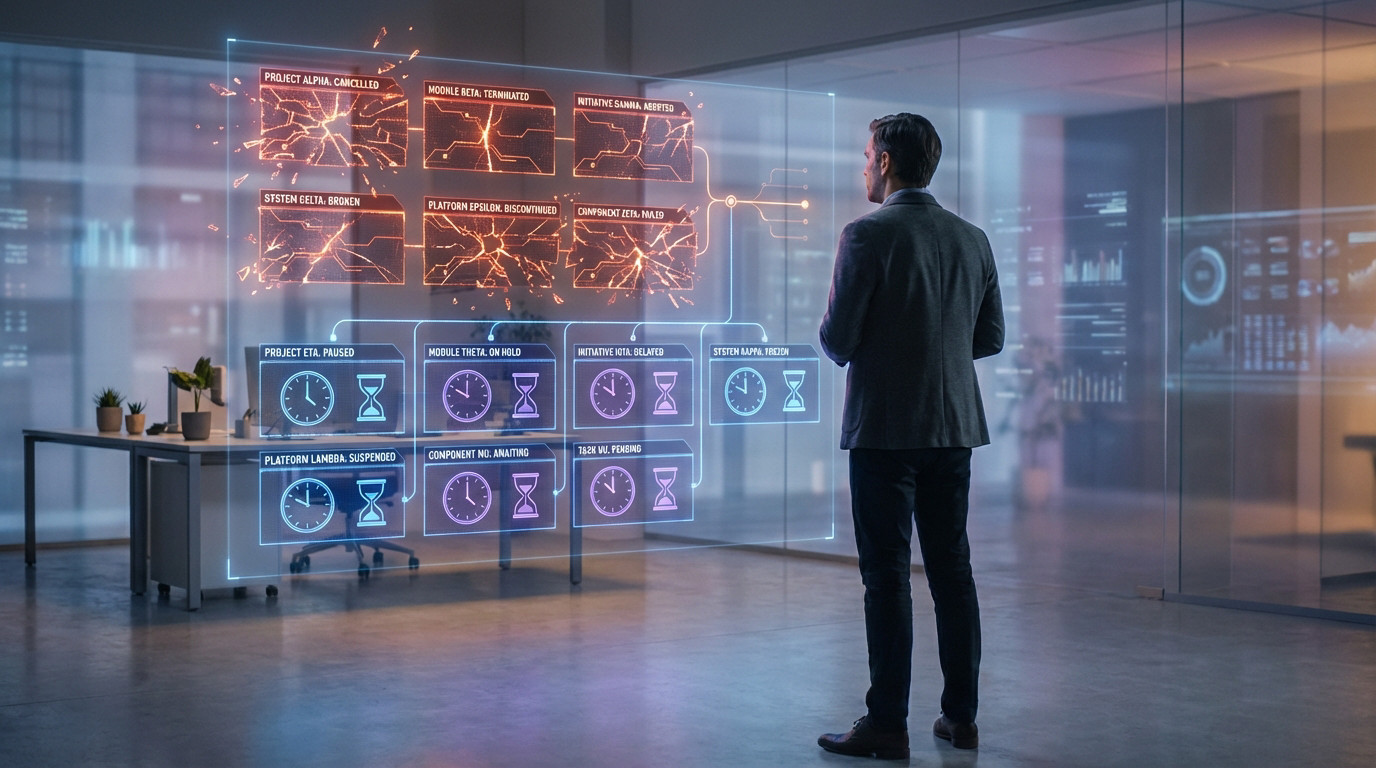 Man in modern office views holographic display showing project roadmap: 6 cancelled projects (red/orange) and 7 delayed (blue/purple).