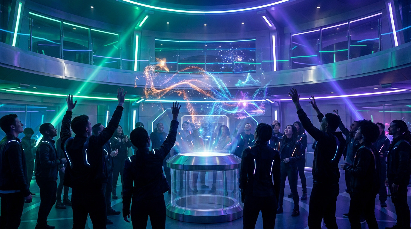 A vibrant futuristic gaming celebration in a sleek arena, with people admiring dynamic holographic projections of gaming worlds. Cinematic lighting.