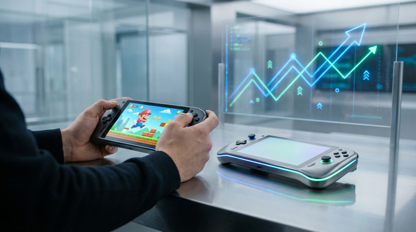 Hands play a handheld gaming console with Mario, while another futuristic console rests nearby. Upward financial graphs glow in the background.