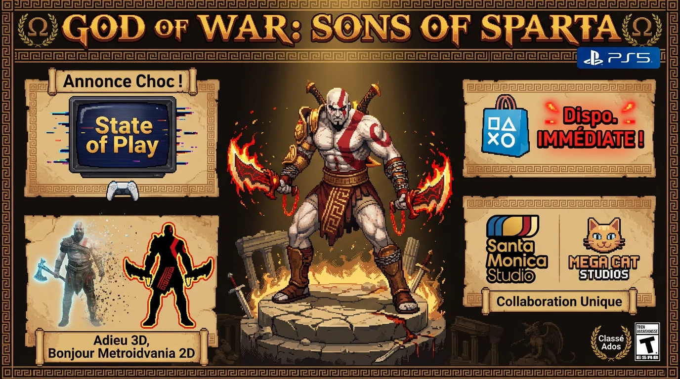 Infographie rétro pixel art de God of War Sons of Sparta