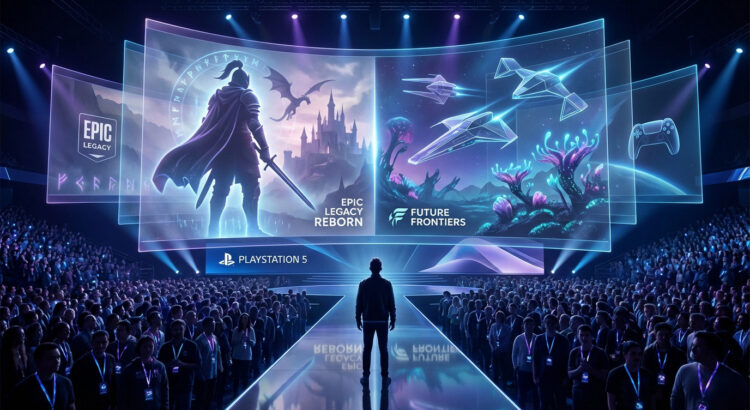 Vue d'une scène de conférence PlayStation avec un orateur face à deux écrans géants présentant des jeux fantasy et SF devant une foule.