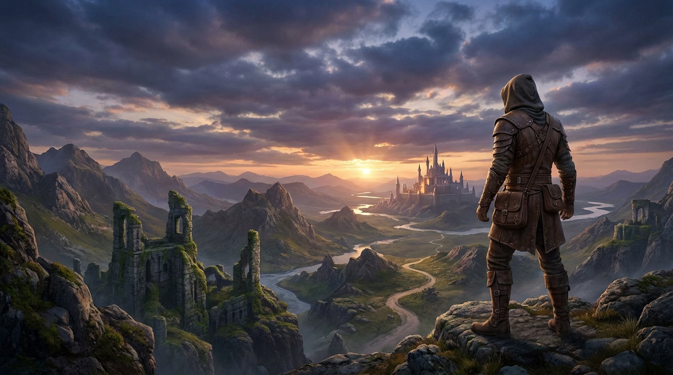 Vue d'un personnage en armure face à un paysage épique de montagnes, rivières, ruines et un château lumineux à l'aube.