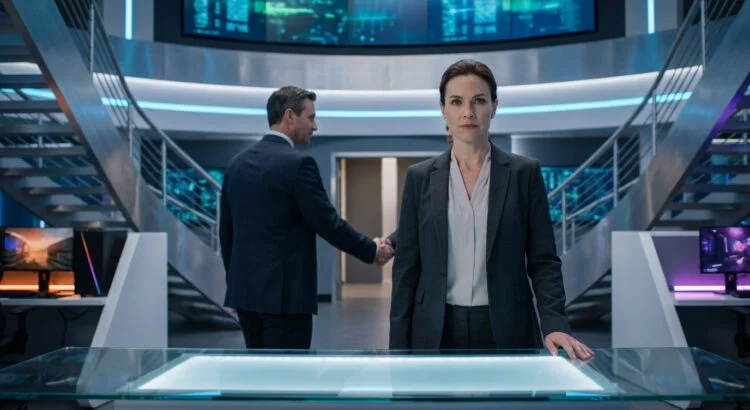Femme dirigeante fixant l'objectif dans un bureau high-tech. En arrière-plan, un homme serre une main, marquant une transition.