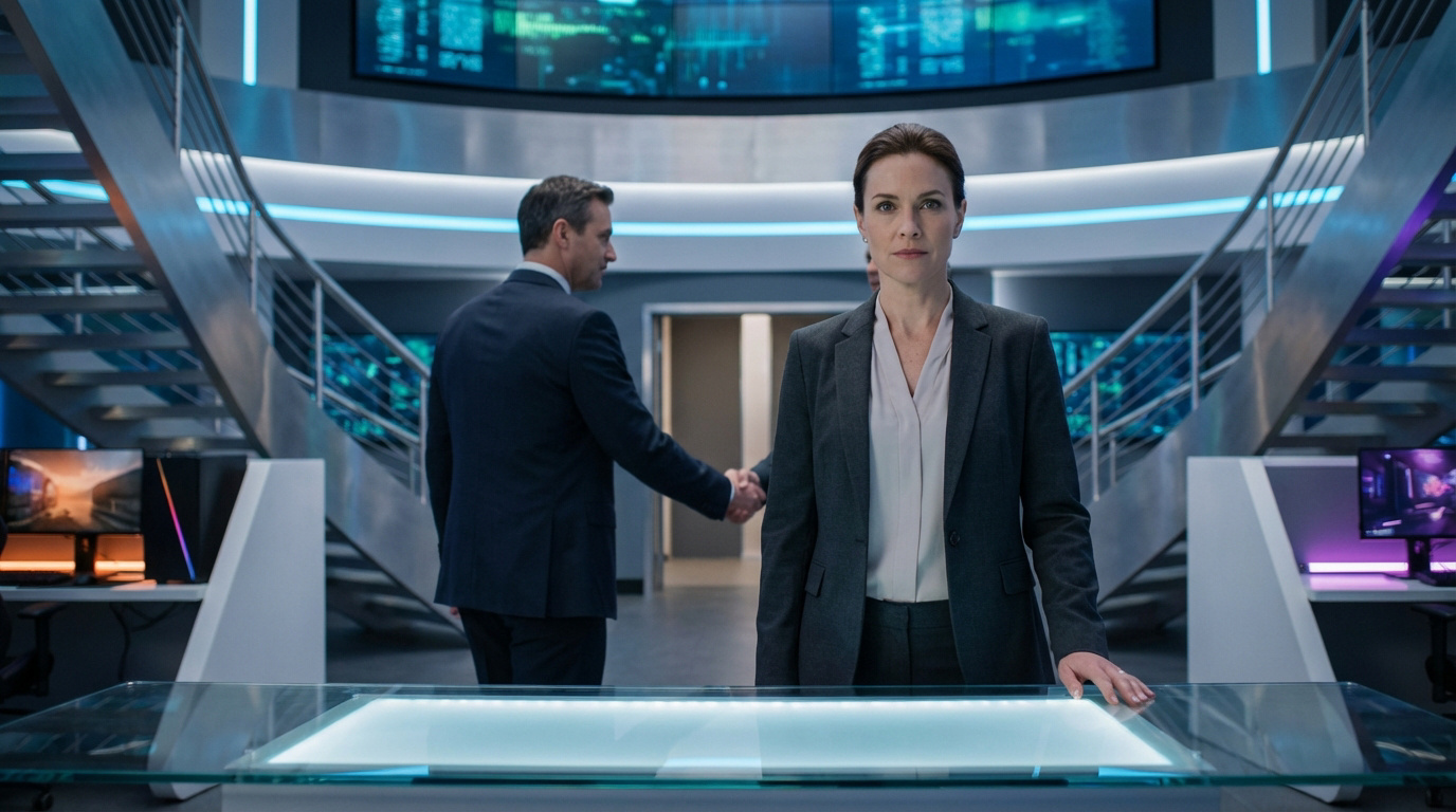 Femme dirigeante fixant l'objectif dans un bureau high-tech. En arrière-plan, un homme serre une main, marquant une transition.