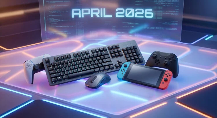 Manettes PS5 et Xbox, clavier PC rétroéclairé, souris et Nintendo Switch sur table futuriste lumineuse. Fond: "APRIL 2026".