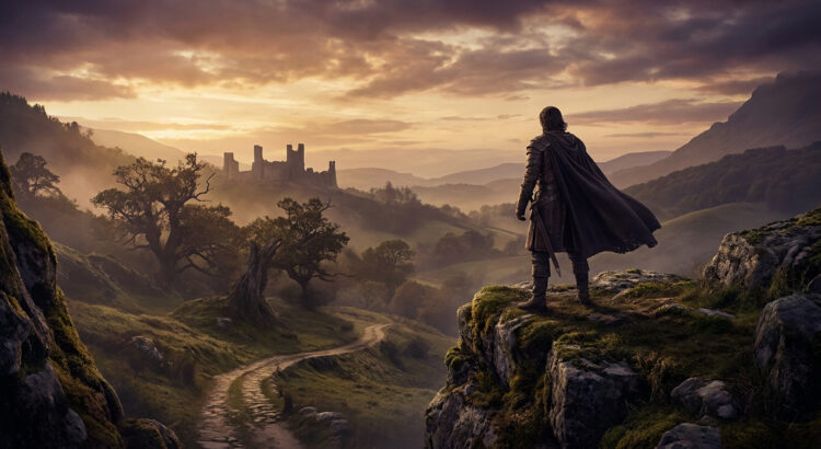 Un guerrier en cape observant les ruines d'un château médiéval au coucher du soleil dans un paysage brumeux.