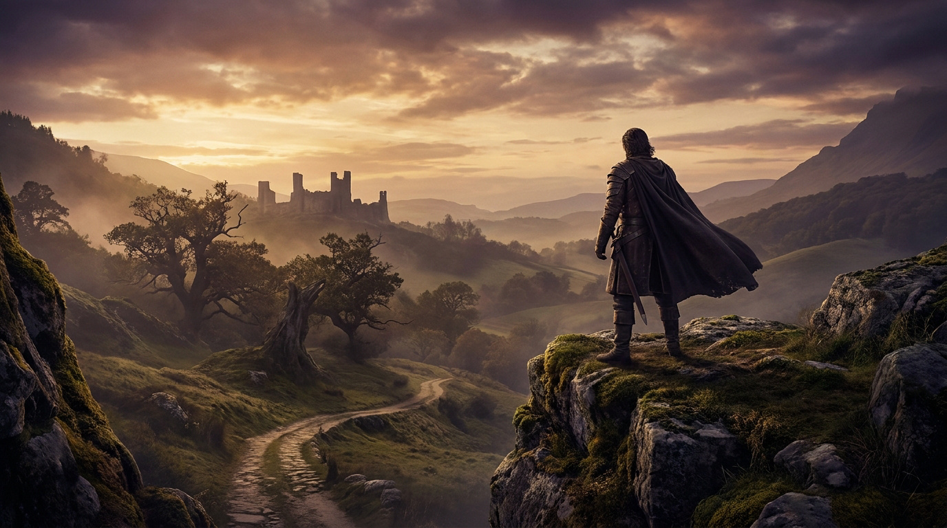 Un guerrier en cape observant les ruines d'un château médiéval au coucher du soleil dans un paysage brumeux.