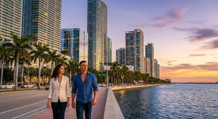 Un couple marche le long d'une promenade côtière à Miami avec des gratte-ciel modernes en arrière-plan au coucher du soleil.