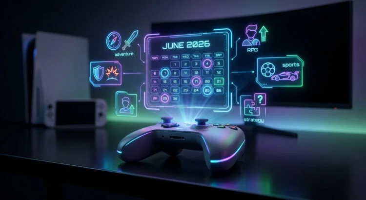 Un calendrier holographique de juin 2026 flottant au-dessus d'une manette de jeu avec des icônes de genre vidéoludique.