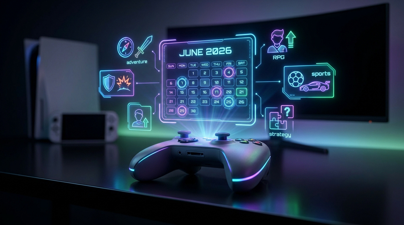 Un calendrier holographique de juin 2026 flottant au-dessus d'une manette de jeu avec des icônes de genre vidéoludique.