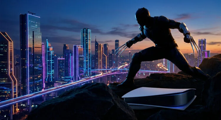 Silhouette de Wolverine avec ses griffes au-dessus d'une console PS5 devant une ville futuriste illuminée.