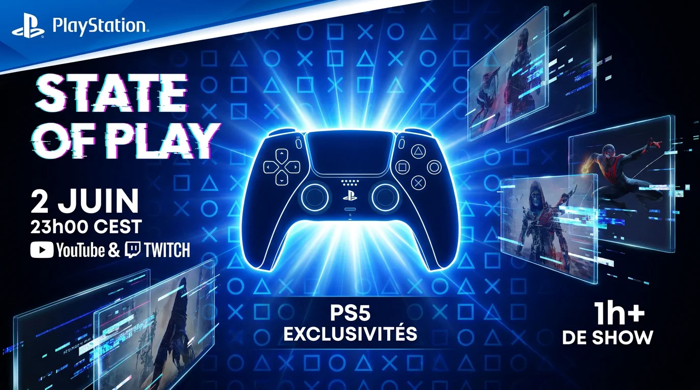 Manette PS5 DualSense devant un écran annonçant le State of Play et les exclusivités PlayStation