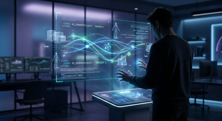 Un développeur utilise une interface holographique pour coder des assets 3D dans un environnement futuriste.