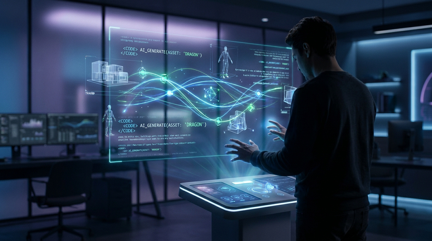 Un développeur utilise une interface holographique pour coder des assets 3D dans un environnement futuriste.