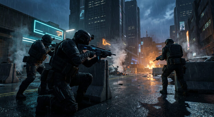 Soldats en équipement tactique progressant sous la pluie dans une ville futuriste en guerre.