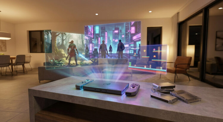 Console Nintendo Switch projetant des hologrammes de jeux vidéo dans un salon moderne.
