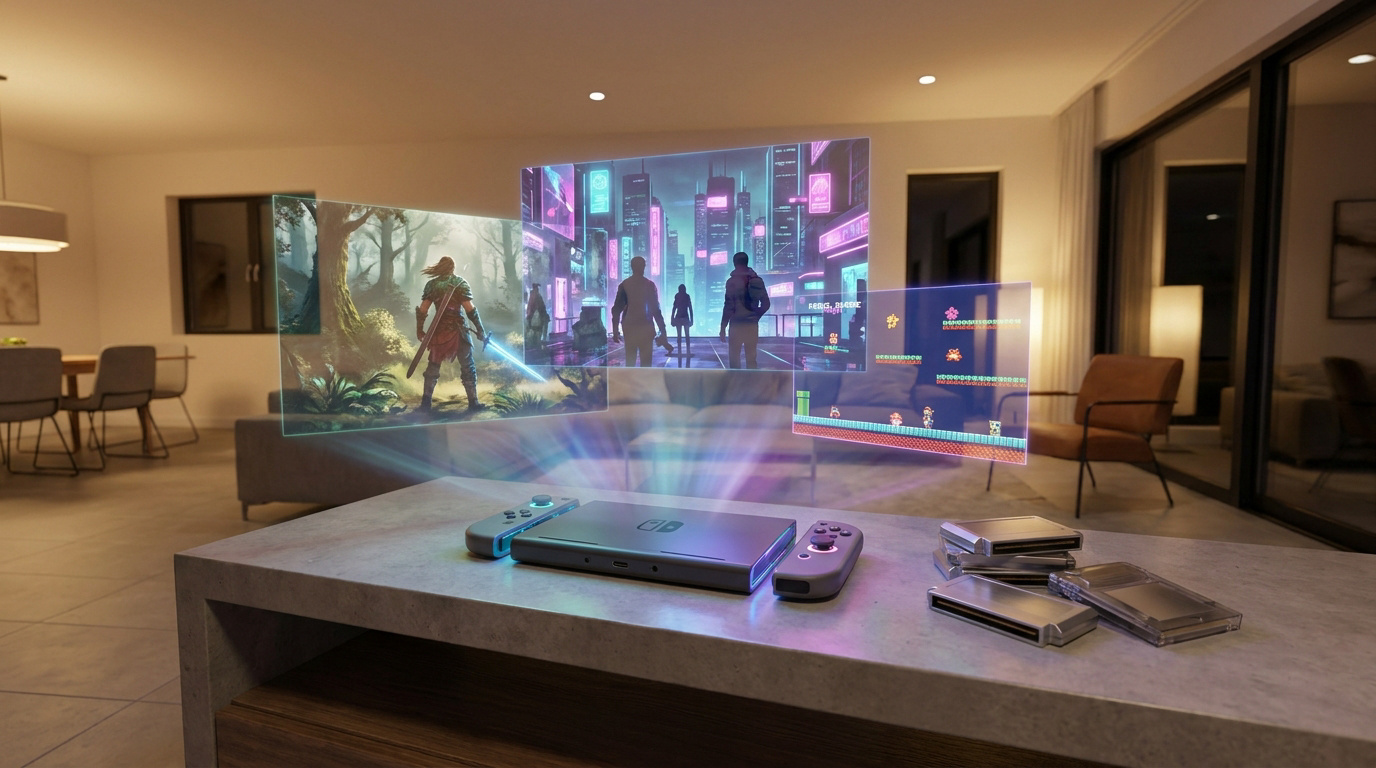 Console Nintendo Switch projetant des hologrammes de jeux vidéo dans un salon moderne.