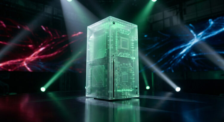 Console Xbox édition limitée avec un boîtier transparent rétroéclairé en vert sur une scène sombre.