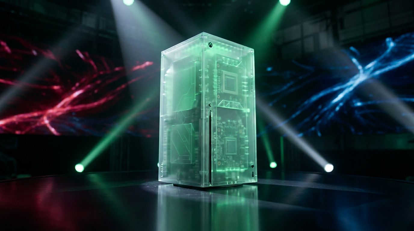 Console Xbox édition limitée avec un boîtier transparent rétroéclairé en vert sur une scène sombre.