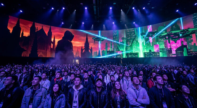 Public captivé devant un écran géant affichant un décor futuriste et gothique au Summer Game Fest 2026.
