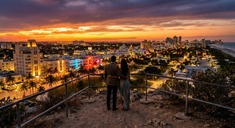 Un couple contemple une ville côtière animée au coucher du soleil, évoquant l'ambiance visuelle de GTA 6.