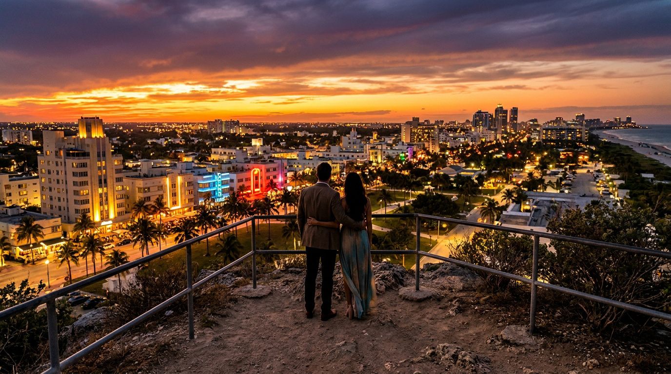 Un couple contemple une ville côtière animée au coucher du soleil, évoquant l'ambiance visuelle de GTA 6.