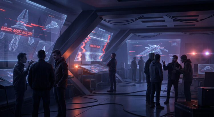 Des développeurs discutent dans un studio sombre devant des écrans affichant des erreurs techniques Star Wars.