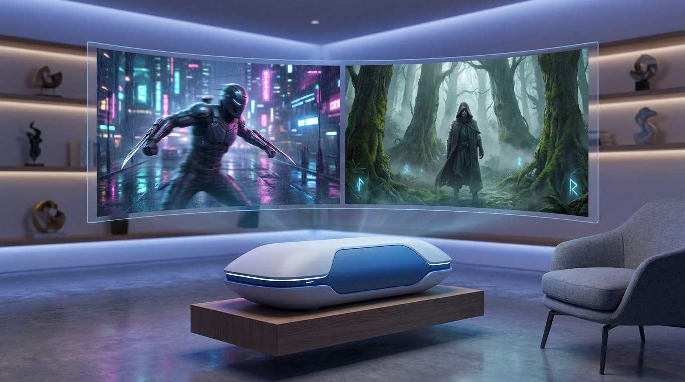 Projecteur futuriste projetant deux images de jeux vidéo dans un salon moderne avec un fauteuil.