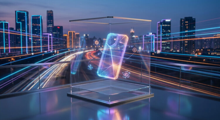 Un smartphone holographique en fil de fer flottant dans une vitrine sur fond de ville futuriste illuminée la nuit.