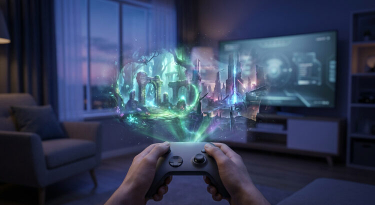 Mains tenant une manette devant une projection holographique immersive d'un monde fantastique et futuriste.