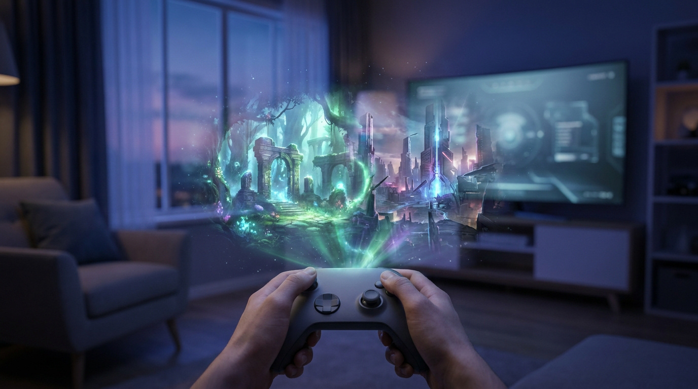 Mains tenant une manette devant une projection holographique immersive d'un monde fantastique et futuriste.