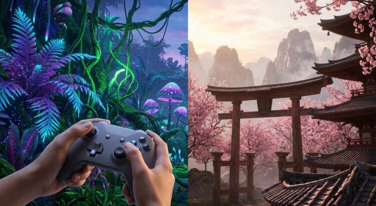 Mains tenant une manette devant une forêt bioluminescente et un paysage traditionnel japonais avec des cerisiers.