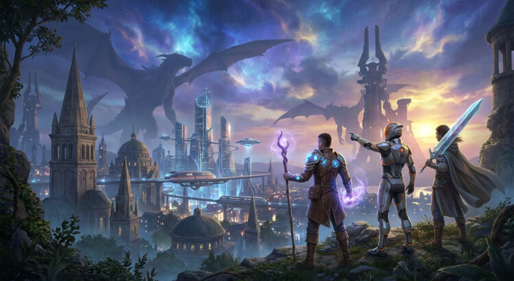Trois héros contemplent une cité futuriste peuplée de dragons sous un ciel crépusculaire.