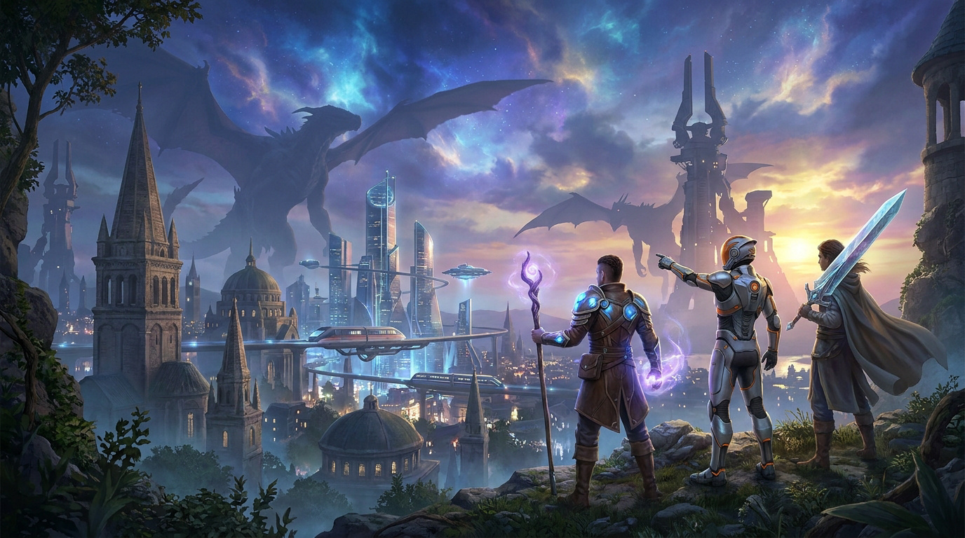 Trois héros contemplent une cité futuriste peuplée de dragons sous un ciel crépusculaire.