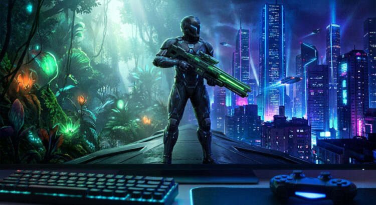 Un soldat futuriste avec un fusil laser se tient devant un écran affichant une jungle et une ville cyberpunk.