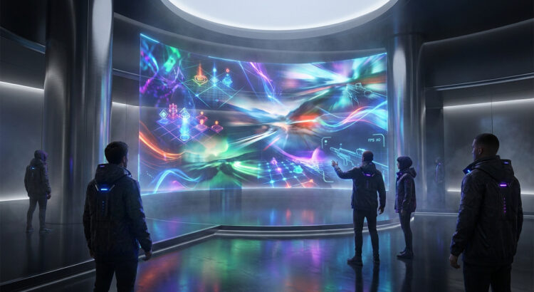 Des personnes dans un laboratoire futuriste regardant un écran géant affichant des données et graphiques de jeu vidéo.