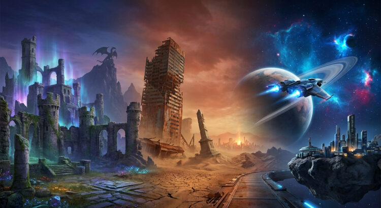 Illustration mélangeant fantasy médiévale, ruines post-apocalyptiques et exploration spatiale futuriste.