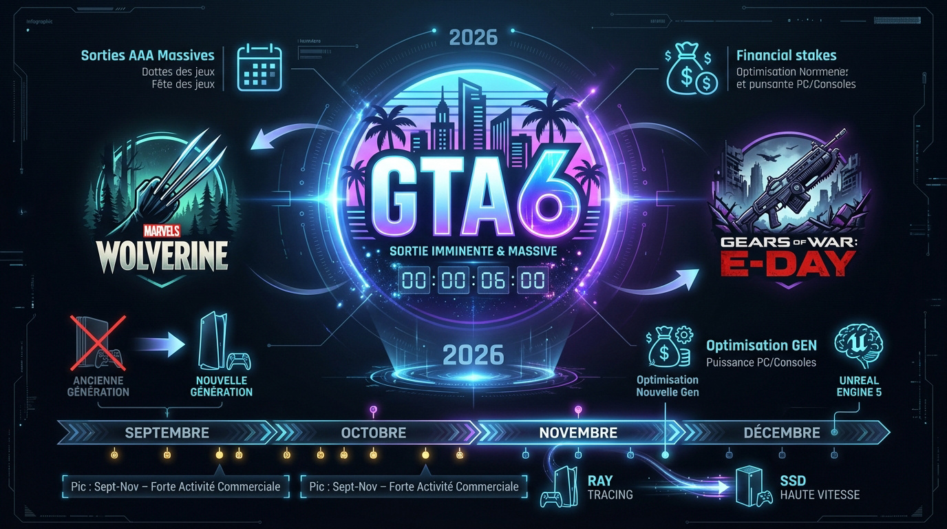 Infographie des sorties jeux vidéo AAA et transition vers la nouvelle génération en 2026