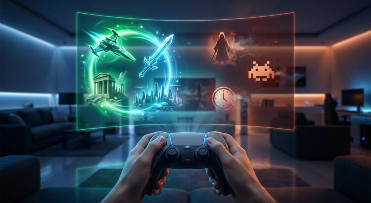 Mains tenant une manette projetant des hologrammes de jeu dans un salon moderne.