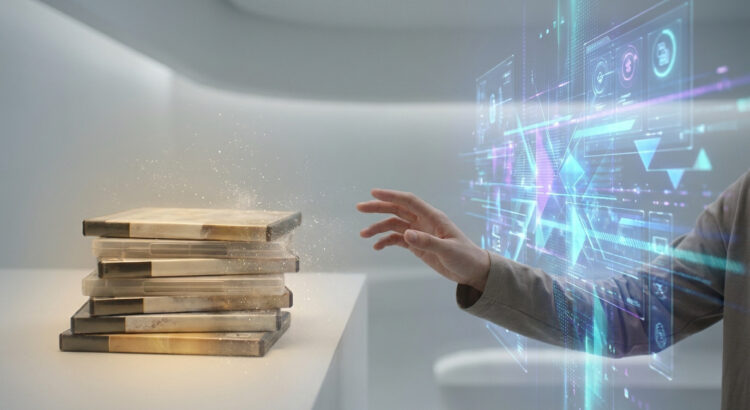 Une main tendue vers une pile de jeux physiques qui se désintègre en particules numériques devant une interface holographique.