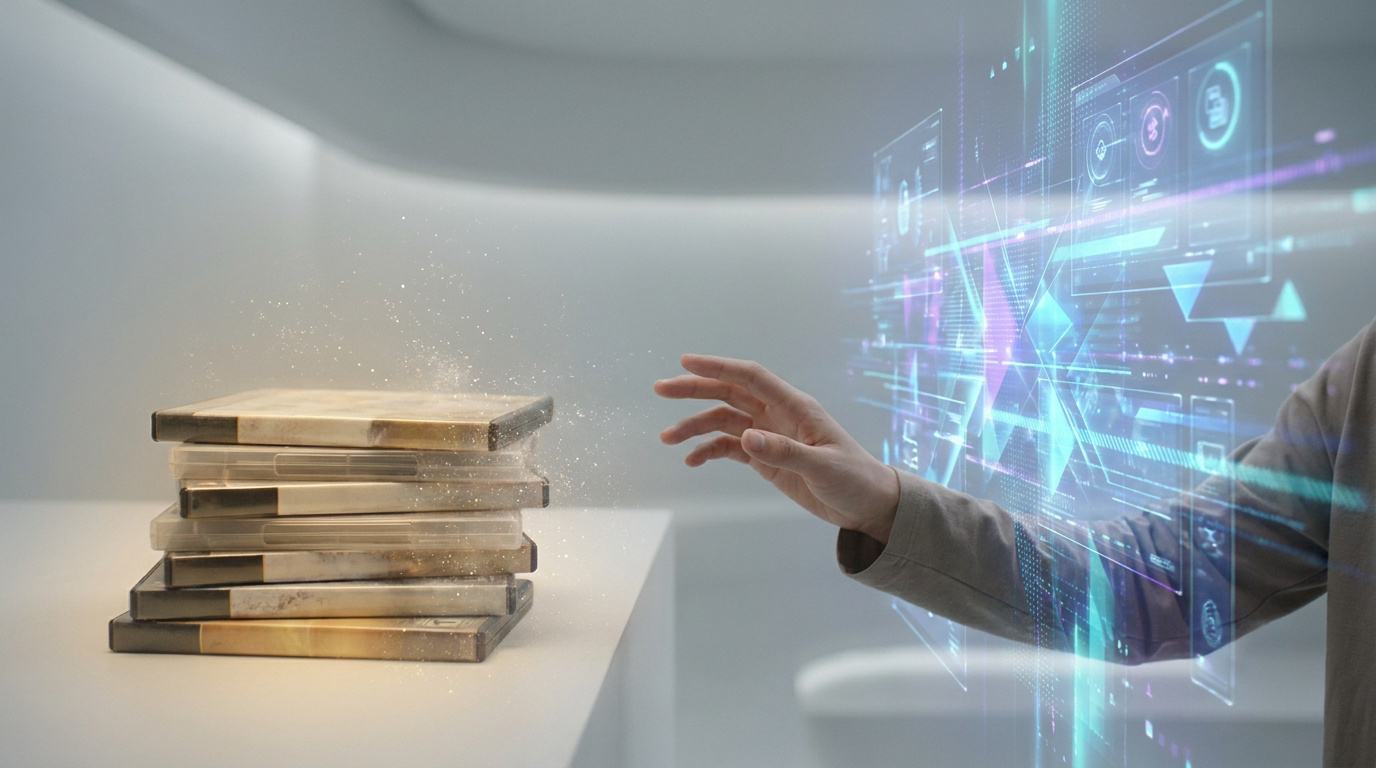 Une main tendue vers une pile de jeux physiques qui se désintègre en particules numériques devant une interface holographique.