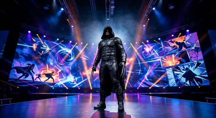 Un cosplayer en costume sombre de Wolverine avec des griffes sur scène devant un écran géant style comics.