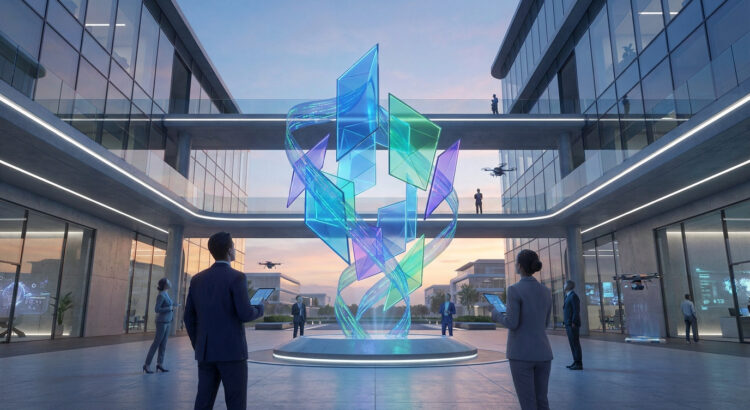 Des professionnels observent une sculpture holographique dynamique dans une cour d'entreprise moderne.