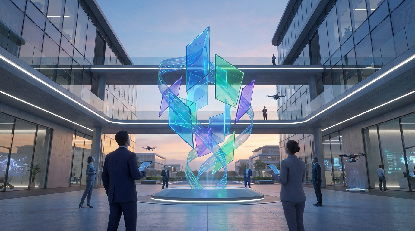 Des professionnels observent une sculpture holographique dynamique dans une cour d'entreprise moderne.